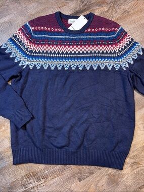 Goodfellow & Co Navy Crewneck Sweater with Red, Blue, White Fair Isle Yoke